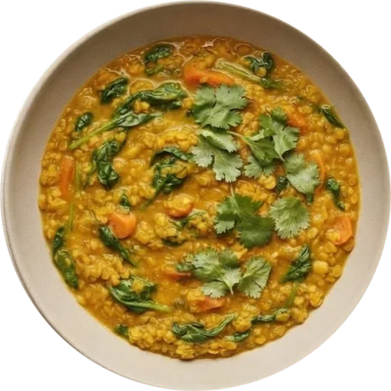 Bowl of red lentil and vegetable dal with spinach and cilantro, seen from above
