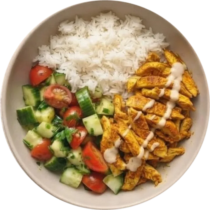 Chicken shawarma bowl seen from above: rice, spiced chicken with tahini sauce, cucumber and tomato salad.