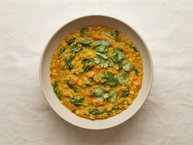 Red lentil and vegetable dal with spinach and cilantro